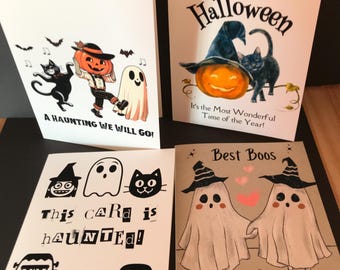 Halloween Card Set: Spooktacular Greetings, Cat Halloween Card Set,  4 Cards, Spooky Cute Cards, Black Cats, Dancing Pumpkins and Ghosts