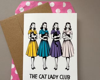 The Cat Lady Club Card – Retro Cat Lady Greeting Card, Gift for Cat Lover, Vintage Style Cat Card