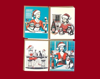 Cat New Year's Card Set, Celebrate with Wine and Cats! Vintage Set of 4 Retro New Year's Cards, For Cat People, Cat Ladies, Wine Lovers1
