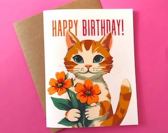 Cat Happy Birthday Card for Cat Lovers with Ginger Tabby Cat