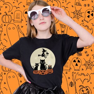 Kids Halloween Shirt - Halloween Black Cats, Cute Pumpkins and Girl Witch Shirt -  Spooky Season Tee - Cute Cat Halloween Shirt for Kids