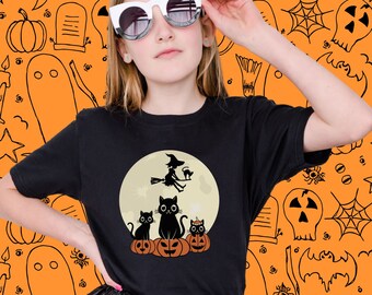 Kids Halloween Shirt - Halloween Black Cats, Cute Pumpkins and Girl Witch Shirt -  Spooky Season Tee - Cute Cat Halloween Shirt for Kids