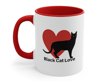 Black Cat Love Accent Coffee Mug, 11oz, Cute Cat Mug, Black Cat Mug, Cat Coffee Cup, Cat Lady Gift, Cat Man Gift, Cat People Gift