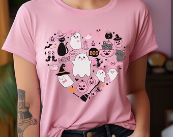 Pink Halloween Tee for Women - Cute Halloween Tshirt for Pinkoween with Halloween Cats, Ghosts and Pink Pumpkins