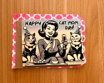 Happy Cat Mom Day, Funny Cat Mother's Day Card, Cat Mom Card, Retro Greeting Card for Cat Ladies, Cats in Party Hats and Bow Ties!