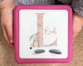 Personalised Initial Rabbit Tonie box topper Pink Bunny and name Protective Vinyl Topper sticker for Toniebox unique and bright cover gift