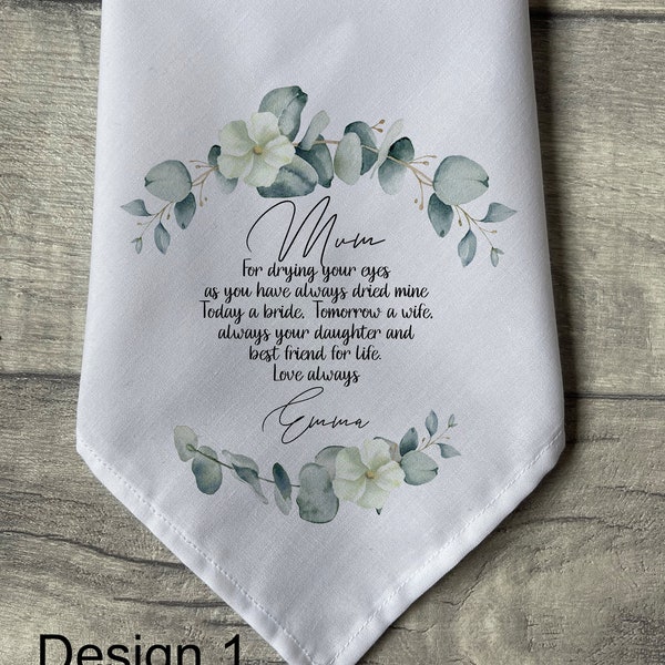 Personalised Mother of The Bride Handkerchief Eucalyptus Wedding hankie Keepsake Personalised Wedding Poem or Own Wording Green and Gold