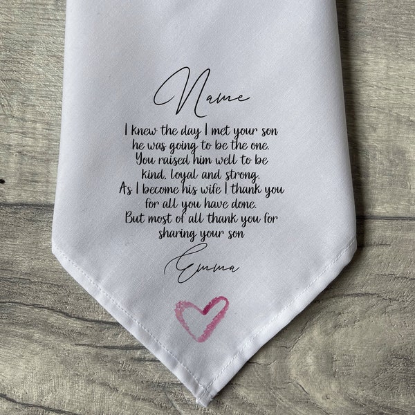 Personalised Wedding Handkerchief Mother of The Groom from Bride, Wedding Keepsake, Personalised Poem or Own Wording, Mother of the Groom