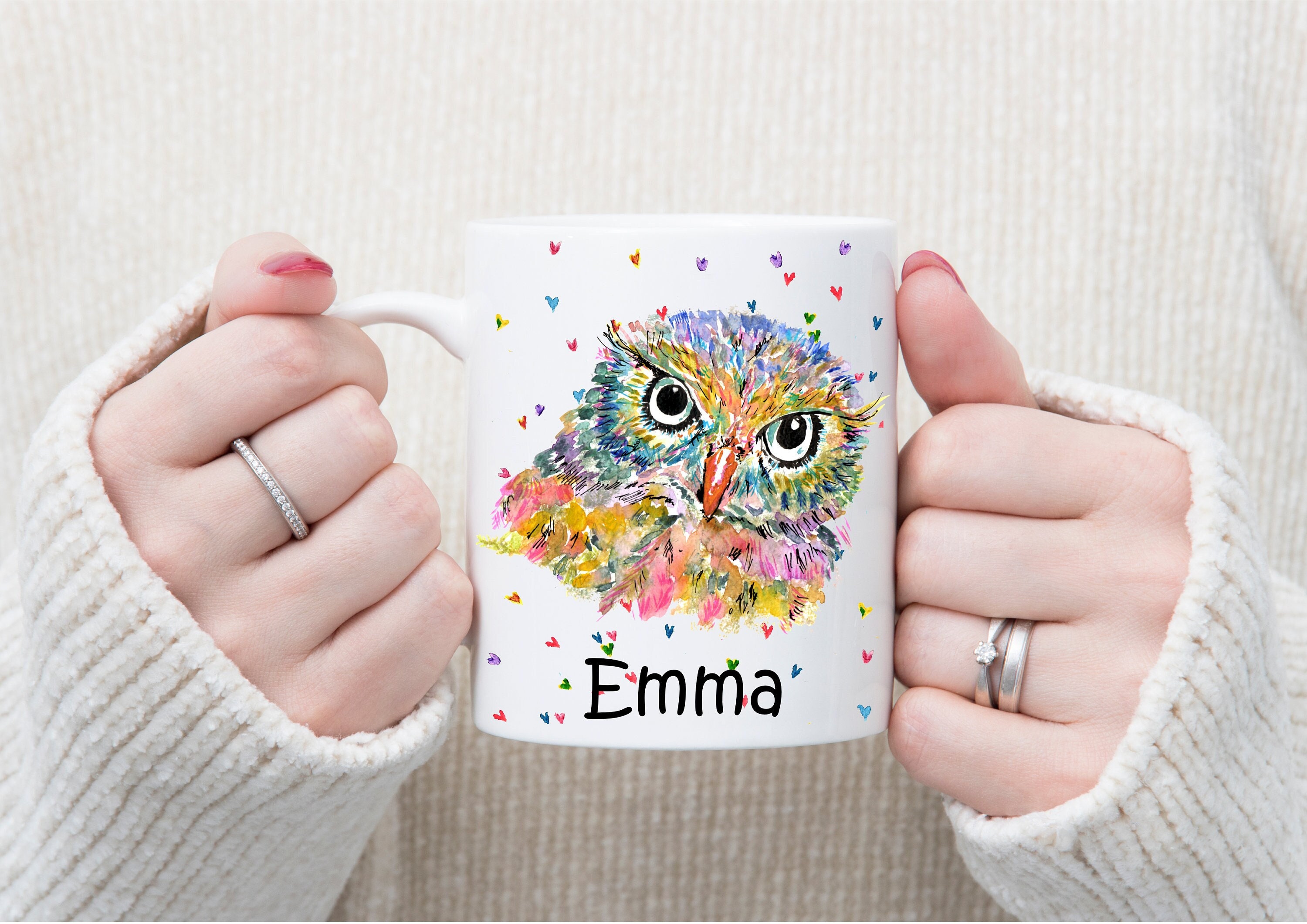 Personalized Watercolor Owl Mug: Rainbow Animal Lover Gift