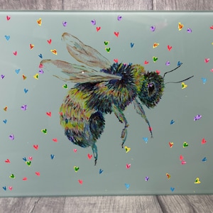 Personalised bee glass chopping board, rainbow honey bee lover gift, worktop saver, colourful bee gift, kitchen decor, animal cutting board