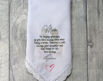 Personalised Wedding Handkerchief Mother of The Bride, Wedding hankie Keepsake, Personalised Wedding Poem or Own Wording, mother of groom