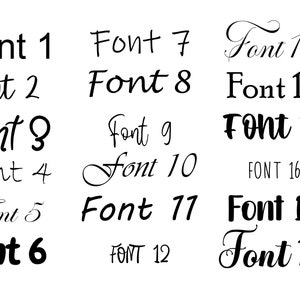May include: A white background displays 18 different black font styles labeled Font 1 through Font 18. The fonts vary in style, including serif, sans-serif, and script fonts. The image is a font selection guide.