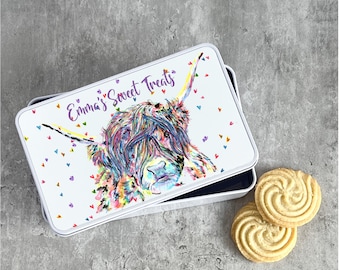 Personalised Highland Cow Biscuit Tin, Personalised Christmas Tin, Personalised family tin, Novelty Sweetie Tin, Novelty Treat Storage Tin