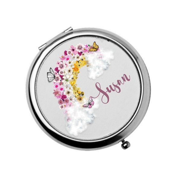 Personalised Rainbow Butterfly Pocket Mirror, Silver or rose gold Chrome, Handbag Mirror, Bridesmaid Gift For Her, Beauty Mirror,