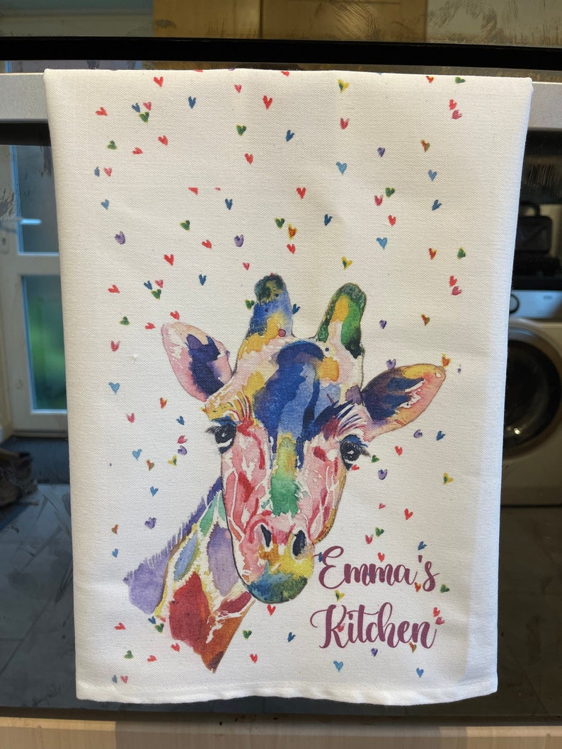 personalised housewarming gifts, Unique Personalised Giraffe tea towel, new home owner, giraffe lover, practical gifts for new homeowners 