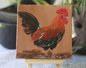 Mini Painting "Aloha Rooster", acrylic painting, mini art, canvas art