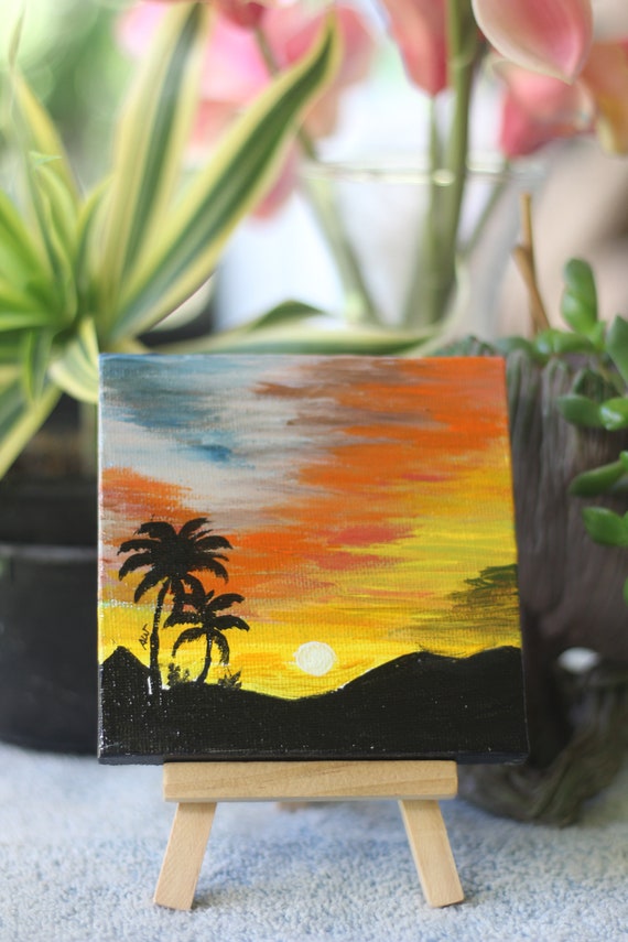 4x4 Mini Canvas Acrylic Painting Orange Fall Sunset // Room Decor