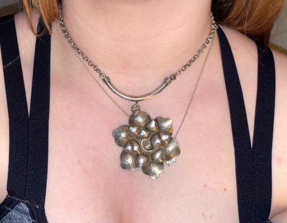 Sterling Silver Necklace with Large Silver Flower… - image 5