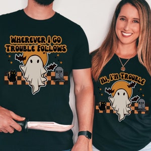Funny Couples Halloween Shirt,Kids Matching Halloween Shirt, Cat Ghost Shirt,Cat Halloween Tee,Retro T-Shirt,Matching Couples Halloween Tees