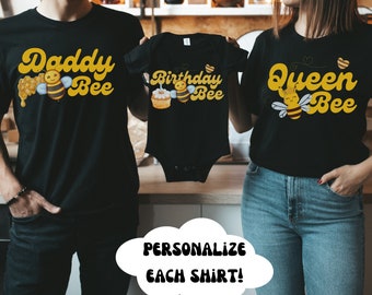 T-shirt di compleanno dell'ape della famiglia abbinata, Mama Bee, Dada Bee, Papà Bee, Camicia del giorno dell'ape, 1st Beeday, First Birthday Girl, Queen Bee Bday, Camicie personalizzate