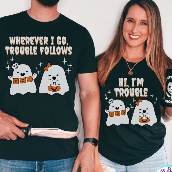 Funny Couples Halloween Shirt,Kids Matching Halloween Shirt, Cat Ghost Shirt,Cat Halloween Tee,Retro T-Shirt,Matching Couples Halloween Tees