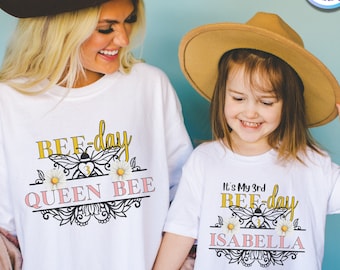 T-shirt di compleanno dell'ape della famiglia abbinata, Mama Bee, Dada Bee, Papà Bee, Camicia del giorno dell'ape, 1st Beeday, First Birthday Girl, Queen Bee Bday, Camicie personalizzate