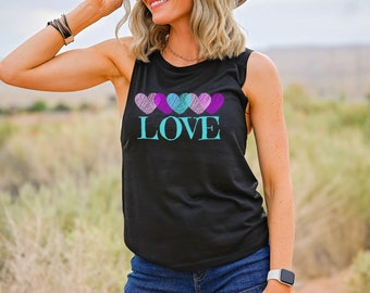 LOVE Doodle Hearts Tank, Valentine Workout Shirt, Mom Shirt, Gift for Women, Womens Racerback Workout Tank, Muscle Tank, Weightlifting Shirt