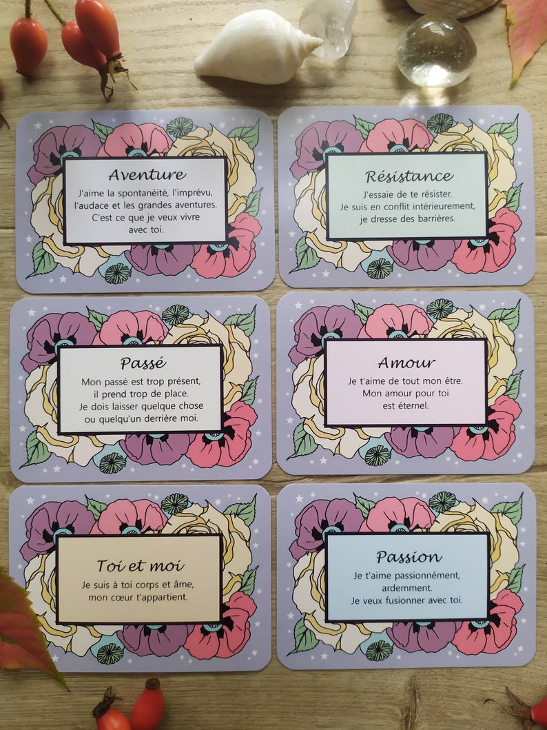 May include: A set of 6 cards with floral illustrations and text in French. The cards feature the words "Aventure", "R&eacute;sistance", "Pass&eacute;", "Amour", "Toi et moi", and "Passion".