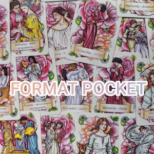 Peut inclure: Un ensemble de cartes de tarot avec des illustrations de personnes et de roses. Chaque carte présente une image différente et du texte en français. Les mots "FORMAT POCKET" sont affichés au centre de l'image.
