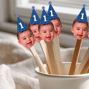 Custom Face Drink Stirrers for First Birthday Wooden Coffee Stir Sticks with Photo and personalized Party Hat Number Kids photo party decor