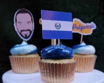El Salvador cupcake topper, Nayib Bukele Decor, El Salvador party, El Salvador cupcake toppers, El Salvador President cupcake toppers,