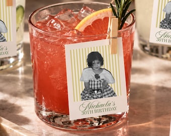 Personalized Striped Photo Drink Tags Custom Drink Toppers Cocktail Cup Tags Birthday Drink Charms Party Decor