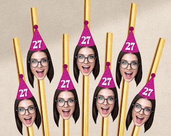 Customized Face Photo gold hat straws for first milestone birthday photos party hat custom straws party decoration face on straw customized