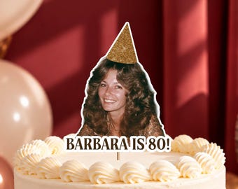 Vintage Face Cake Topper with Glitter Party Hats, Personalized 80th Birthday Topper