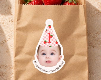Strawberry Photo Stickers, Berry Sweet Birthday Favors