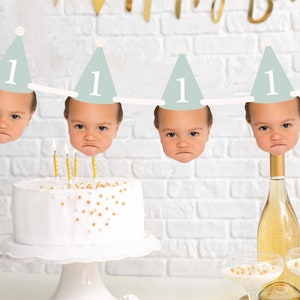 Custom Hat Face Banner for first milestone birthday pastel party hat cupcake face on stick personalized Face Bunting photo birthday banner