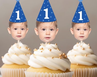 Customized Face Photo Party hat cupcake topper for first milestone birthday photos party hat cupcake decoration face on stick personalized