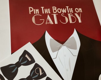 以下が含まれることがあります： 赤い背景に「Pin The Bowtie On Gatsby」の文字が入ったパーティーゲーム。タキシードのポスターと、ピン留め用の番号付き黒蝶ネクタイが含まれています。蝶ネクタイはティールアクセントと金色の数字が付いています。