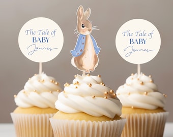 Customized cupcake toppers spring Rabbit theme for birthday baby boy cupcake topper for easter theme baby girl peter rabbit baby blue easter