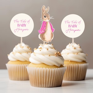 Customized cupcake toppers spring Rabbit theme for birthday baby girl cupcake topper for easter theme baby girl peter rabbit pink easter
