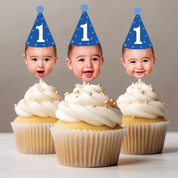 Customized Different Faces Photo Party hat cupcake topper for first milestone birthday photos party hat cupcake decoration face on stick