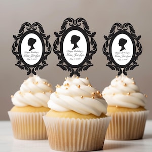 May include: Three cupcakes with white frosting and gold sprinkles. Each cupcake has a black silhouette topper in an ornate frame with the text "Happy Birthday Miss Jordyn May 7, 2026".