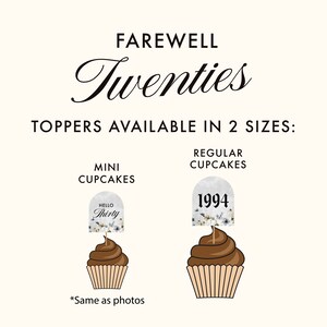May include: Two cupcake toppers, one with the text "Hello Thirty" and the other with the year "1994". Both toppers are white with a floral design and are shown on top of cupcakes. The text "Farewell Twenties" is at the top of the image. The text "Toppers available in 2 sizes: Mini cupcakes, Regular cupcakes" is below the image of the cupcakes. The text "*Same as photos" is at the bottom of the image.