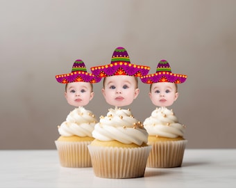Custom baby face colorful fiesta theme cupcake toppers with sombrero hat face photo cupcake topper birthday taco bout a fiesta custom topper