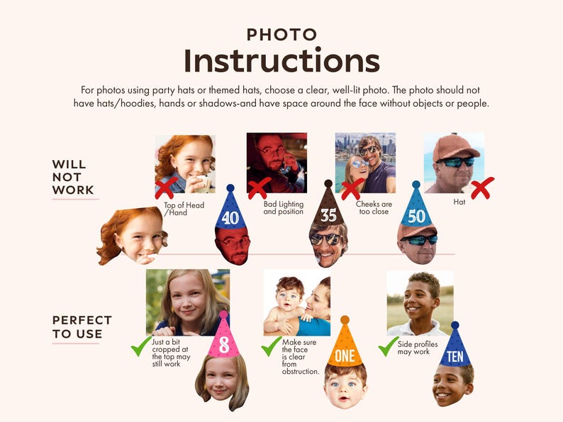May include: An instructional graphic titled PHOTO INSTRUCTIONS with text explaining how to choose photos for party hats. It displays examples labeled WILL NOT WORK and PERFECT TO USE, featuring various faces with colorful party hat icons.