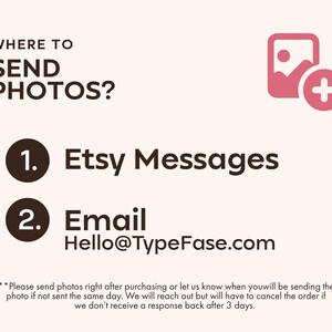 May include: A graphic with the text "WHERE TO SEND PHOTOS?" and instructions to send photos via Etsy Messages or Email. The email address is Hello@TypeFase.com. A pink image icon with a plus sign is in the upper right corner.