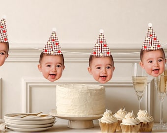 Custom Apple Birthday Face Banner Gingham Party Hat Personalized Photo Banner ONE Sweet Apple First Birthday Apple Orchard Custom Photo