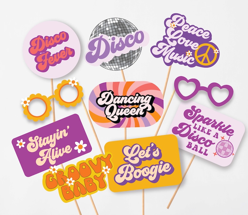 Disco Theme photo props Disco theme party supplies Orange Groovy Disco theme party 70s Theme party Party Props Boho 60s Theme party Purple