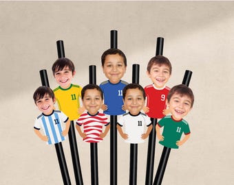 Cannucce personalizzate con la faccia di un calciatore, foto personalizzate, decorazioni per feste di compleanno a tema calcio, decorazioni per feste a tema calciatore, maglia della squadra, festa della Coppa del Mondo.