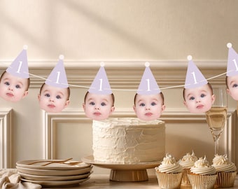 Banner de cara de sombrero personalizado para el primer cumpleaños importante, fiesta de cumpleaños con sombrero pastel, cupcake, cara en palo, banderines de cara personalizados, pancarta de cumpleaños con foto.